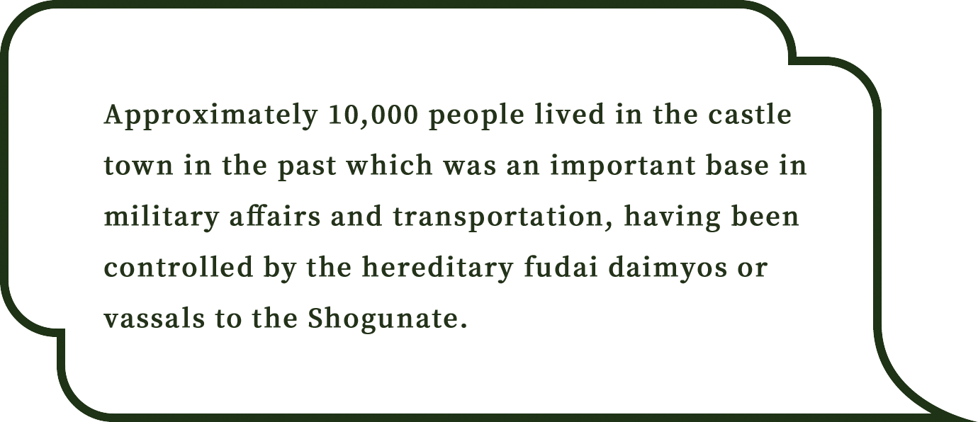 Approximately 10,000 people lived in the castle town in the past which was an important base in military affairs and transportation, having been controlled by the hereditary fudai daimyos or vassals to the Shogunate.